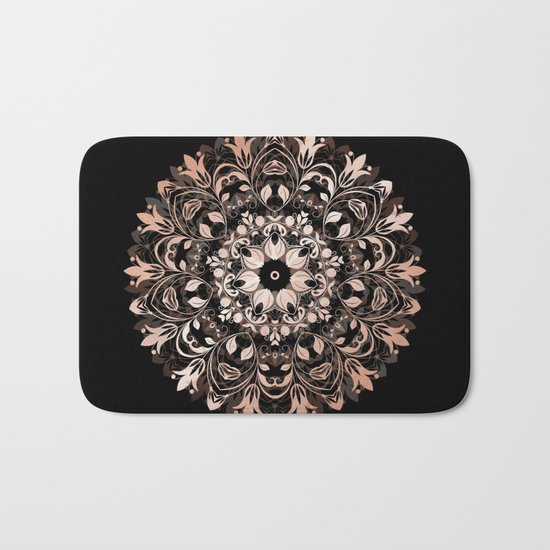Rose Gold Floral Mandala On Black Bath Mat