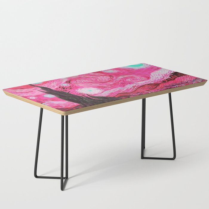 The Starry Night - La Nuit étoilée oil-on-canvas post-impressionist landscape masterpiece painting in alternate fuchsia pink and baby blue by Vincent van Gogh Coffee Table
