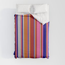 [ Thumbnail: Eyecatching Chocolate, Red, Hot Pink, Dark Blue & Light Gray Colored Lines/Stripes Pattern Duvet Cover ]