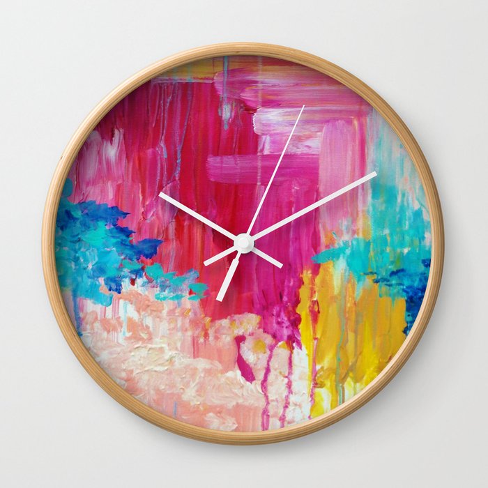 ELATED - Beautiful Bright Colorful Modern Abstract Painting Wild Rainbow Pastel Pink Color Wall Clock