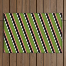 [ Thumbnail: Eyecatching Green, Light Coral, Black, Beige, and Dark Blue Colored Lined/Striped Pattern Outdoor Rug ]