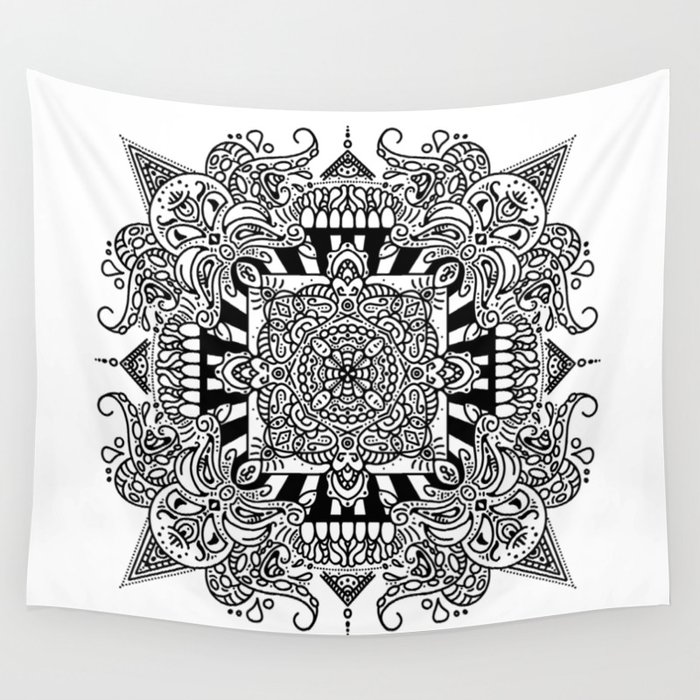 Creature Feature doodle mandala white and black Wall Tapestry