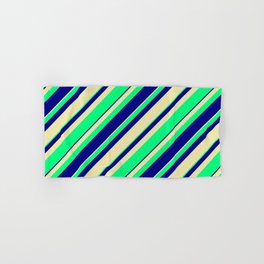 [ Thumbnail: Pale Goldenrod, Green, and Blue Colored Stripes/Lines Pattern Hand & Bath Towel ]