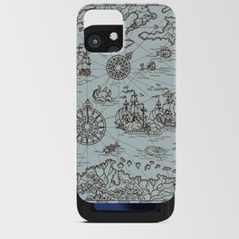 Old map of the Caribbean Sea with pirate ships, treasure islands, fantasy creatures. Pirate adventures, treasure hunt and old transportation concept. Hand drawn vintage illustration, vintage background iPhone Card Case