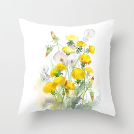 Watercolor yellow flowers dandelions Throw Pillow