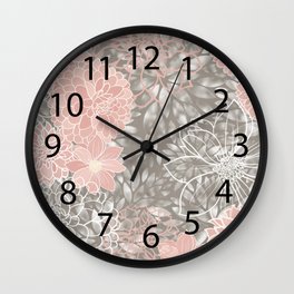Floral Dahlias, Blush Pink, Gray, White Wall Clock