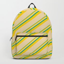 [ Thumbnail: Sea Green, Yellow & Tan Colored Lines/Stripes Pattern Backpack ]