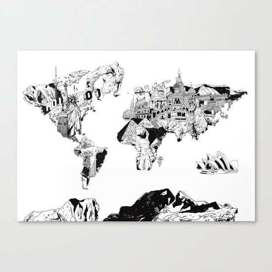 world map black and white Canvas Print