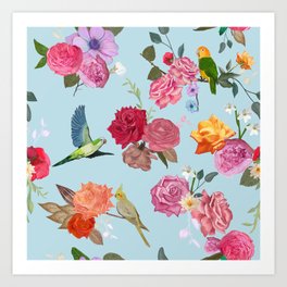Beautiful roses and tropical birds blue Art Print