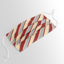 [ Thumbnail: Dark Grey, Dark Red & Tan Colored Lines/Stripes Pattern Face Mask ]