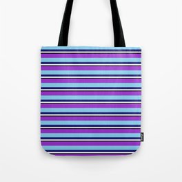 [ Thumbnail: Vibrant Dark Orchid, Sky Blue, Midnight Blue, White & Black Colored Pattern of Stripes Tote Bag ]