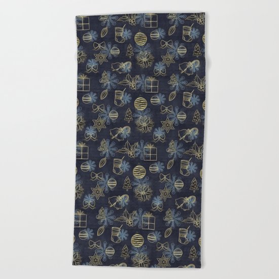 Christmas Golden pattern on dark blue background Beach Towel