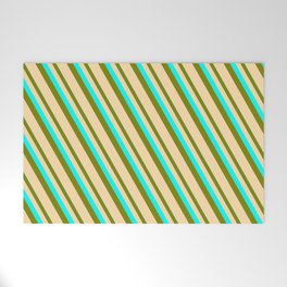[ Thumbnail: Cyan, Green, and Tan Colored Striped Pattern Welcome Mat ]