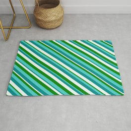 [ Thumbnail: Turquoise, Dark Cyan, Mint Cream, and Green Colored Lined Pattern Rug ]