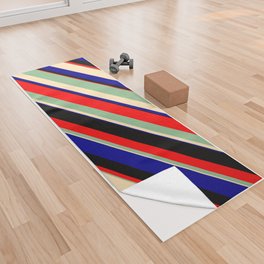 [ Thumbnail: Dark Sea Green, Beige, Dark Blue, Black & Red Colored Lines/Stripes Pattern Yoga Towel ]