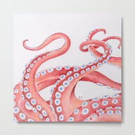 Red Tentacles Octopus Watercolor Ink Metal Print