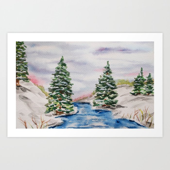Winter Watercolor Landscape Christmas Card Art Print By Erika Lancaster Society6