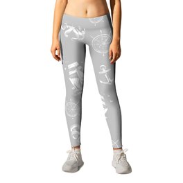 Light Grey And White Silhouettes Of Vintage Nautical Pattern Leggings