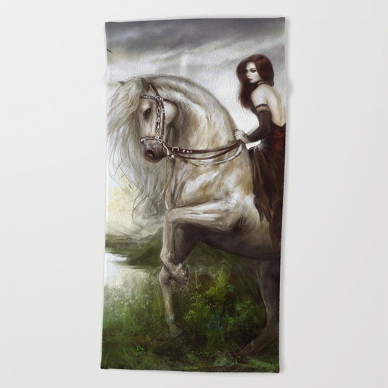 Morning welcome - Royal redead girl riding a white horse Beach Towel