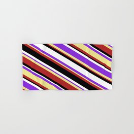 [ Thumbnail: Colorful Purple, Tan, Red, Black & White Colored Stripes Pattern Hand & Bath Towel ]