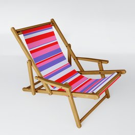 [ Thumbnail: Slate Blue, Lavender, Red & Hot Pink Colored Stripes/Lines Pattern Sling Chair ]