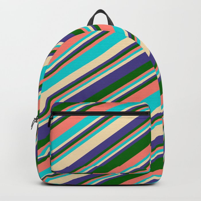 Colorful Salmon, Dark Turquoise, Tan, Dark Slate Blue & Dark Green Colored Lines/Stripes Pattern Backpack