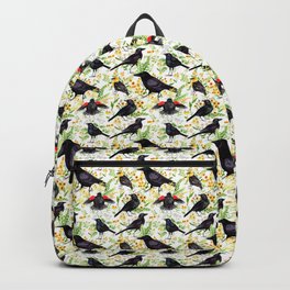 Blackbirds, Crows, and Flowers on White Backpack