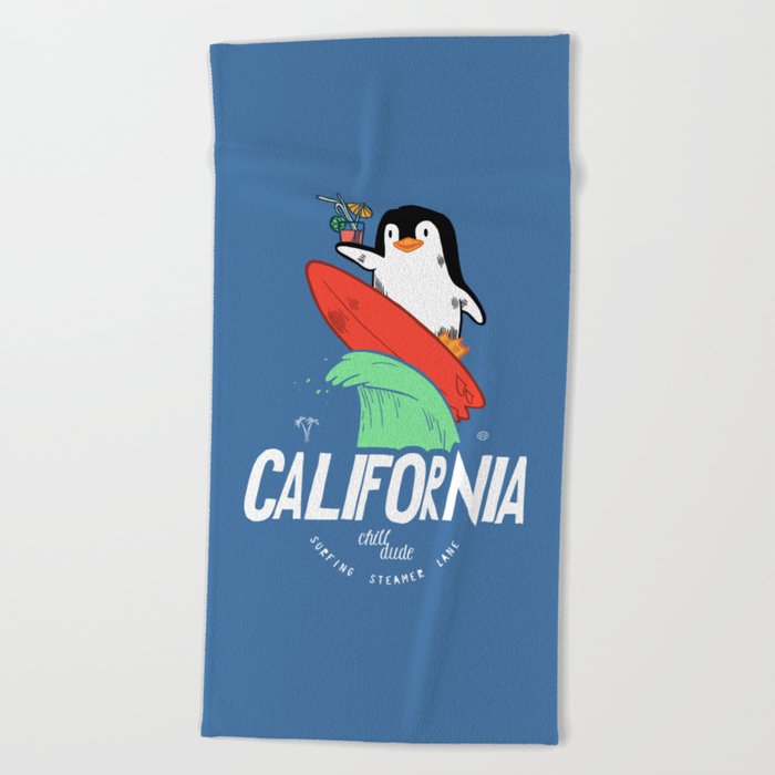 Penguin Surfer California Beach Towel