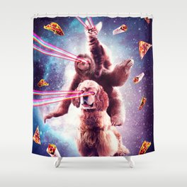 Laser Eyes Space Cat Riding Sloth, Dog - Rainbow Shower Curtain