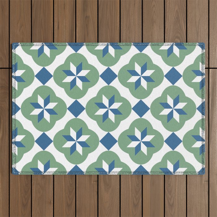 Islamic star flower tiles blue & green pattern Outdoor Rug