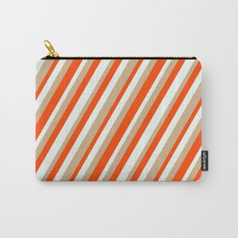 [ Thumbnail: Red, Mint Cream, and Tan Colored Lines Pattern Carry-All Pouch ]