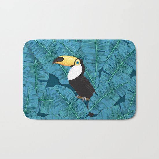 Toucan and banana leaves in blue Bath Mat