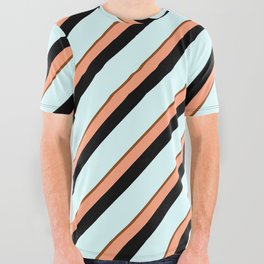 [ Thumbnail: Brown, Light Salmon, Black & Light Cyan Colored Stripes Pattern All Over Graphic Tee ]