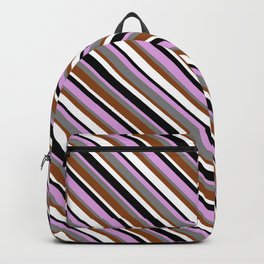 [ Thumbnail: Eyecatching Plum, Grey, Brown, White & Black Colored Striped/Lined Pattern Backpack ]