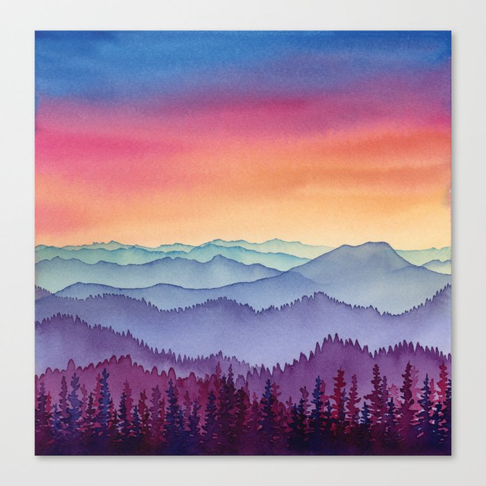 Beauty of the Earth Colorful Watercolor Layered Mountains Canvas Print