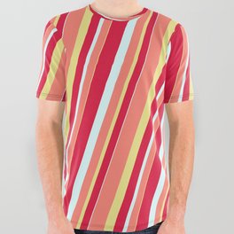 [ Thumbnail: Crimson, Light Cyan, Salmon & Tan Colored Stripes Pattern All Over Graphic Tee ]