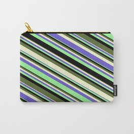 [ Thumbnail: Eye-catching Green, Black, Dark Olive Green, Light Yellow, and Slate Blue Colored Stripes Pattern Carry-All Pouch ]