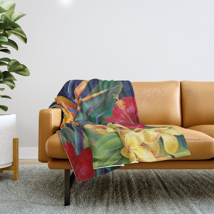Tropical Paradise Hawaiian Floral Illustration Throw Blanket