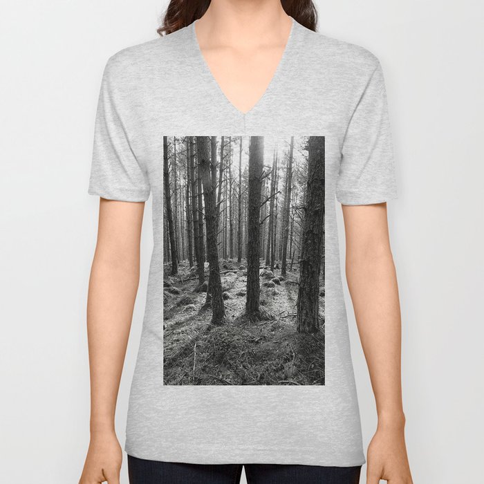 Spring Pine Forest in Black and White V Neck T Shirt