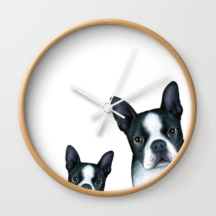 Dog 128 Boston Terrier Dogs black and white Wall Clock