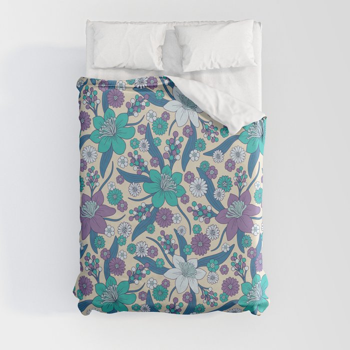 Purple, Teal & Blue 1970s Inspired Retro Floral Pattern Duvet Cover