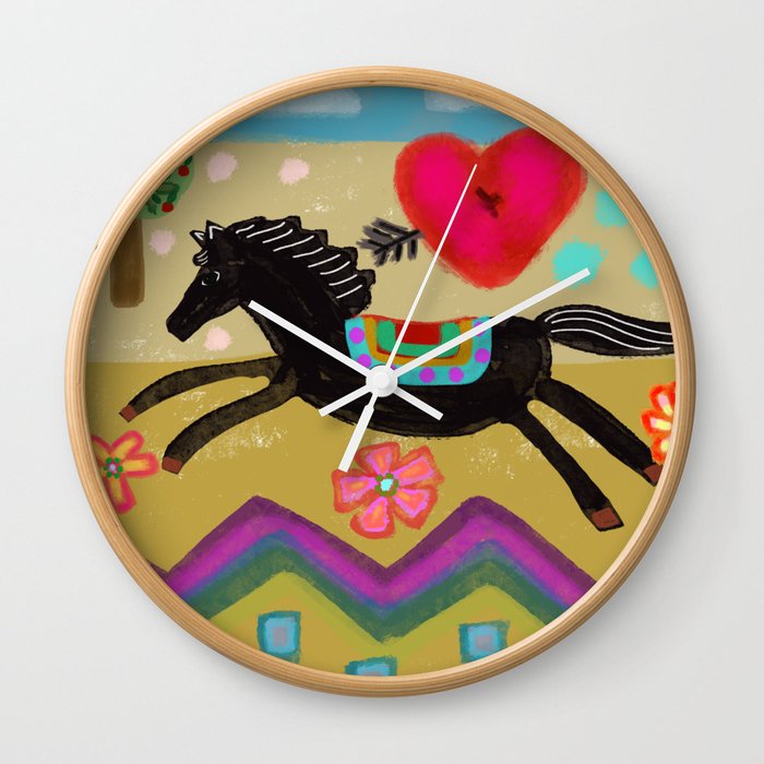 Jumping Black Horse Folk Art Wall Clock