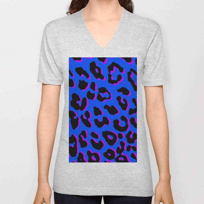 Leopard Print Blue V Neck T Shirt