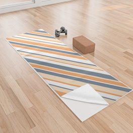 [ Thumbnail: Slate Gray, Bisque, Brown & White Colored Stripes/Lines Pattern Yoga Towel ]