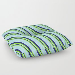 [ Thumbnail: Green, Powder Blue, and Midnight Blue Colored Pattern of Stripes Floor Pillow ]