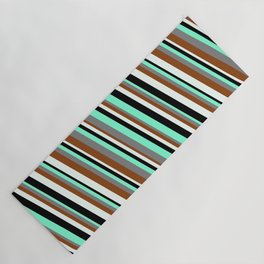 [ Thumbnail: Eyecatching Aquamarine, Gray, Brown, Mint Cream, and Black Colored Striped/Lined Pattern Yoga Mat ]