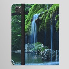 Color time-lapse photograph of waterfalls in mossy rock formation below trestle railroad bridge river nature photography - photographs iPad Folio Case