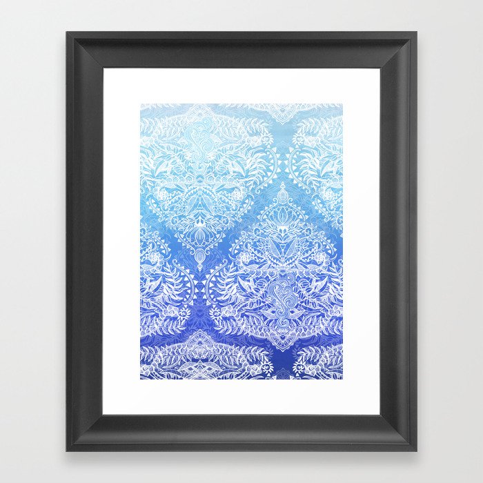 Out of the Blue - White Lace Doodle in Ombre Aqua and Cobalt Framed Art Print