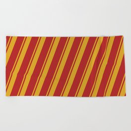 [ Thumbnail: Goldenrod & Red Colored Lined Pattern Beach Towel ]