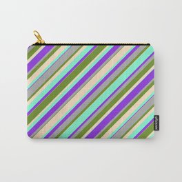 [ Thumbnail: Green, Bisque, Aquamarine, Purple & Dark Gray Colored Stripes Pattern Carry-All Pouch ]